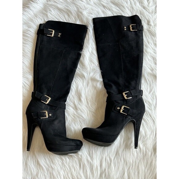 GBG GUESS Womens Size 7.5 Black Tall Stiletto Boots Pointed Toe Sexy Buckle - Picture 2 of 8